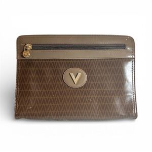 Authentic Mario Valentino Brown V‑Logo PVC & Leather Toiletry Clutch Bag